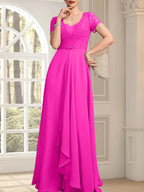 Vestido de corte A, escote corazón, largo hasta el suelo, de gasa, encaje, con cuentas y volantes en cascada para la madre de la novia.