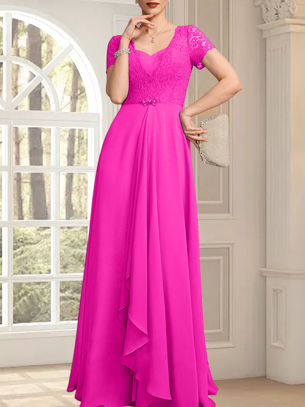 Vestido de corte A, escote corazón, largo hasta el suelo, de gasa, encaje, con cuentas y volantes en cascada para la madre de la novia.