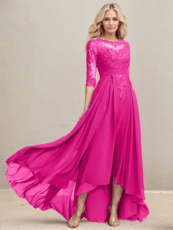Vestido de madrina de la novia, corte en A, escote redondo ilusión, asimétrico, de encaje y gasa con lentejuelas plisadas. 