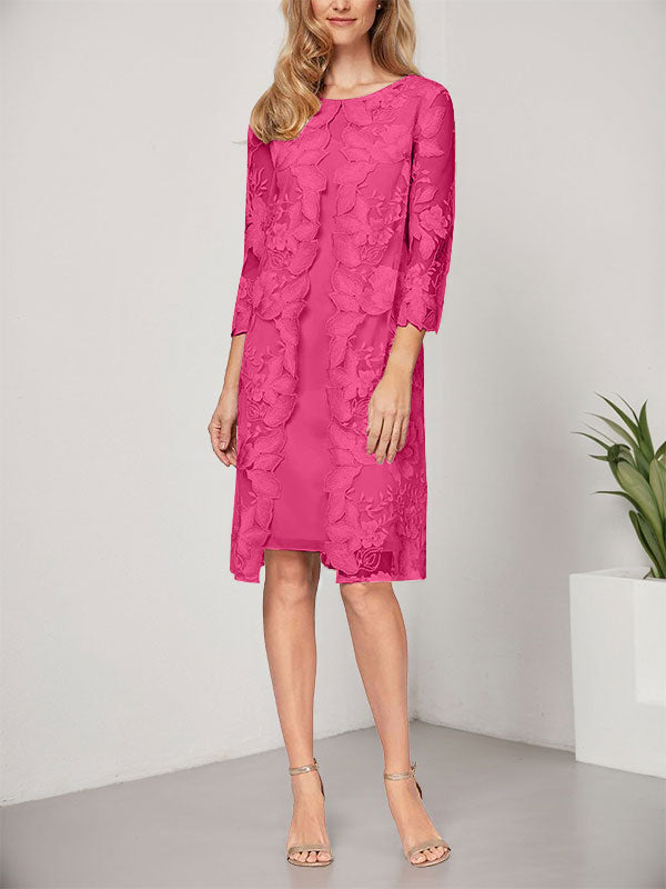 Vestido de corte A, escote redondo, largo hasta la rodilla, de gasa y encaje, para la madre de la novia, con chaqueta. 