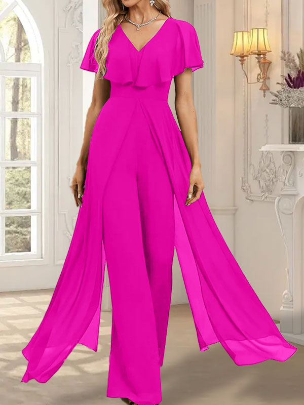 Combinaison-pantalon robe de soirée longue en mousseline à col en V