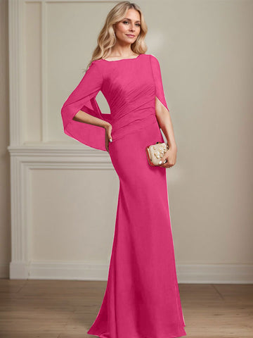 Robe de mère de la mariée en mousseline de soie, coupe trompette/sirène, col bateau, longueur au sol, avec plis 