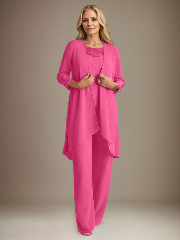 Tailleur-pantalon en mousseline à manches longues et col rond pour la mère de la mariée, avec veste 
