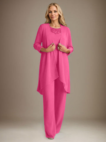 Chiffon Scoop Long Sleeves Mother Of The Bride Pantsuits With Jacket