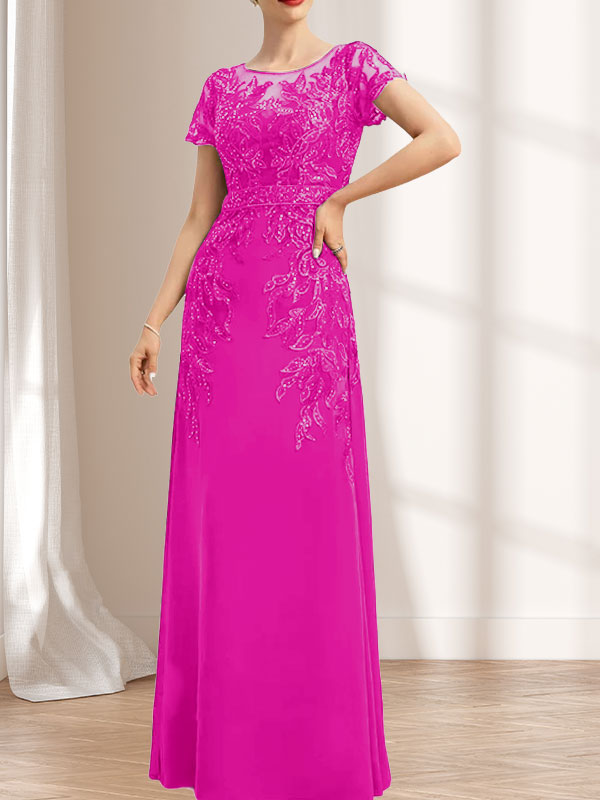 Vestido de novia de corte recto/columna, escote redondo, ilusión, largo hasta el suelo, de encaje y gasa con lentejuelas.