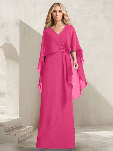 A-line V-Neck Floor-Length Chiffon Mother of the Bride Dress With Cascading Ruffles Beading