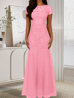 Robe sirène bleu marine foncé à sequins et tulle, décolleté rond, robe en tulle bleu marine foncé