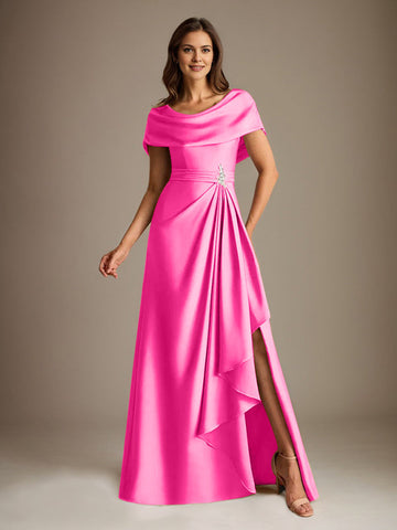 A-Line Scoop Floor-Length Stretch Satin Mother of the Bride Dress With Cascading Ruffles