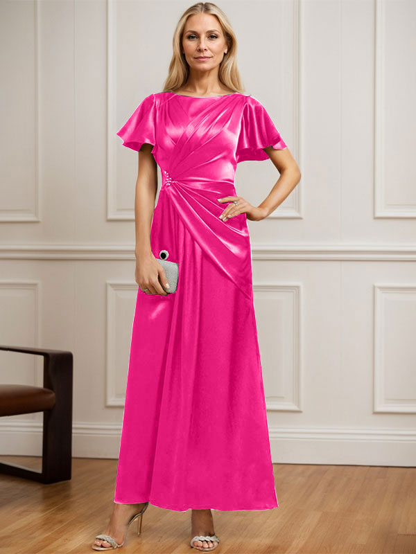 Robe de mère de la mariée en satin stretch, coupe trapèze, longueur cheville, décolleté rond et ornée de perles plissées 