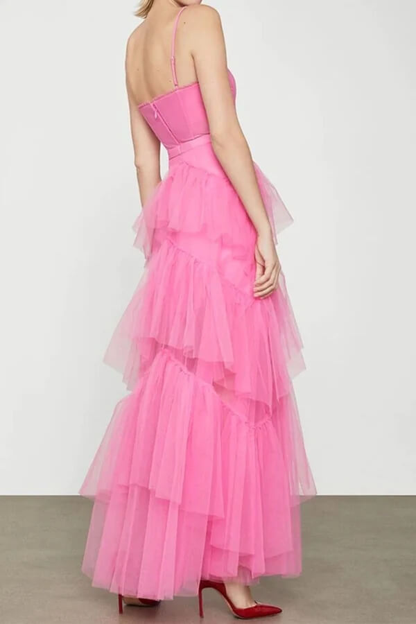 Vestidos de princesa de tul con volantes, corte en A, color rosa intenso, vestidos largos de gala