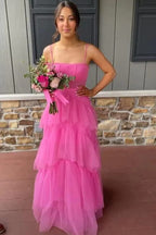 Vestidos de princesa de tul con volantes, corte en A, color rosa intenso, vestidos largos de gala