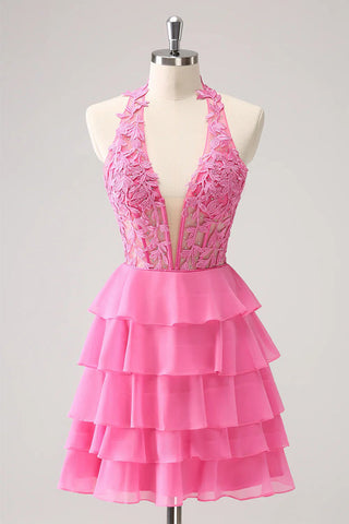 Robe de bal rose fuchsia bustier sans bretelles à volants PD551