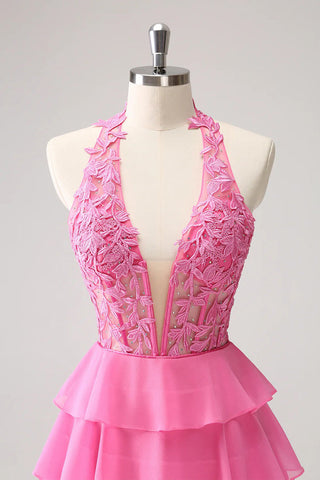 Robe de bal rose fuchsia bustier sans bretelles à volants PD551