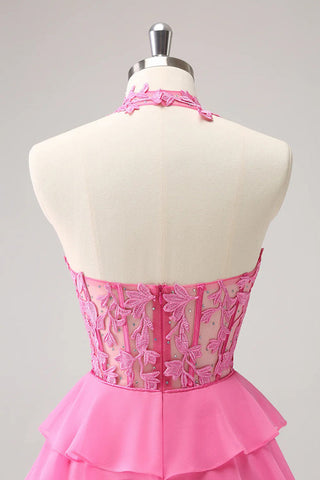 Robe de bal rose fuchsia bustier sans bretelles à volants PD551