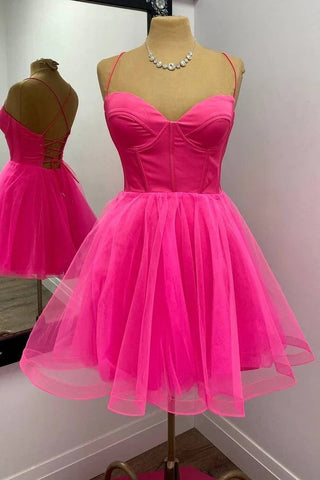 Vestido corto de fiesta rosa fucsia corte A para baile de bienvenida PD533