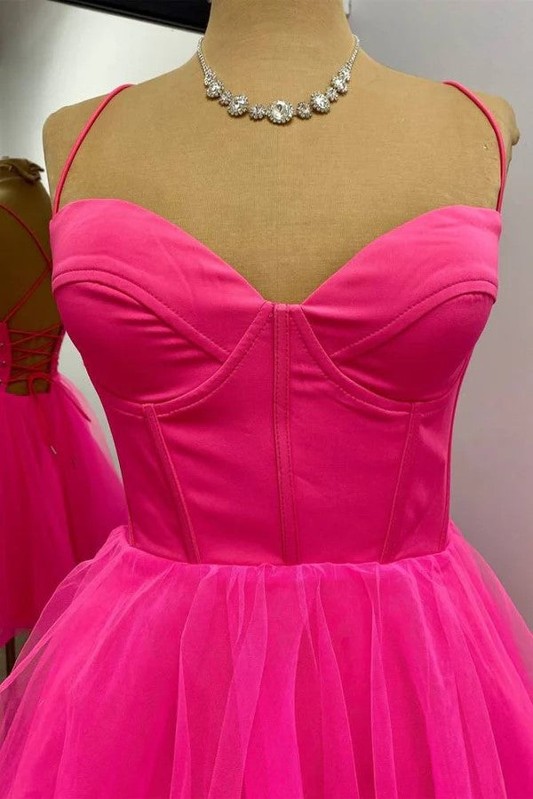 Vestido corto de fiesta rosa fucsia corte A para baile de bienvenida PD533