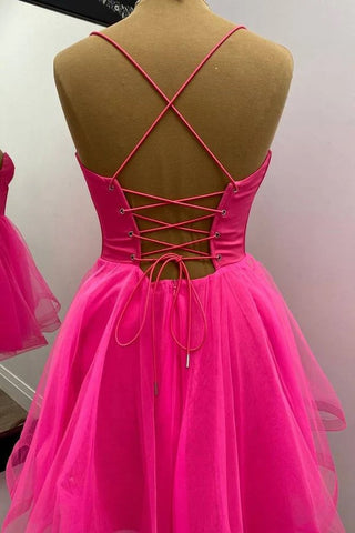 Vestido corto de fiesta rosa fucsia corte A para baile de bienvenida PD533