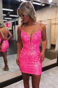 Robe de bal courte rose fuchsia moulante à lacets et paillettes PD523