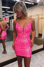 Robe de bal courte rose fuchsia moulante à lacets et paillettes PD523