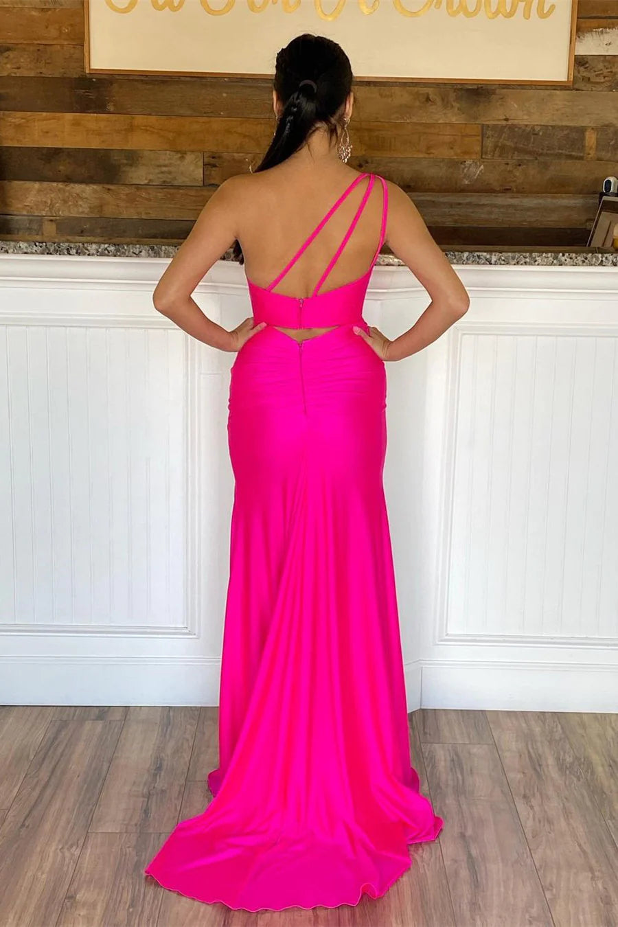 Hot Pink One Shoulder Prom Dress With Slit SYP105