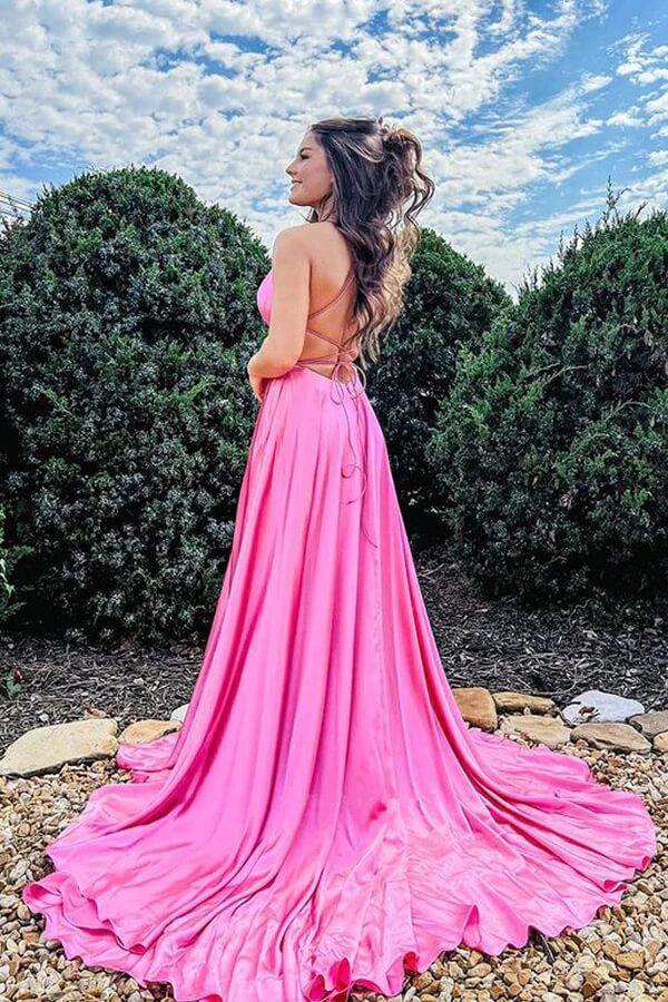 Vestidos largos de fiesta de satén con escote redondo y corte en A, vestidos de noche con abertura