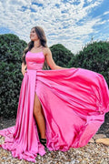 Vestidos largos de fiesta de satén con escote redondo y corte en A, vestidos de noche con abertura