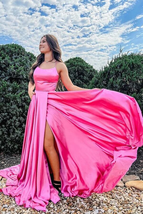 Vestidos largos de fiesta de satén con escote redondo y corte en A, vestidos de noche con abertura