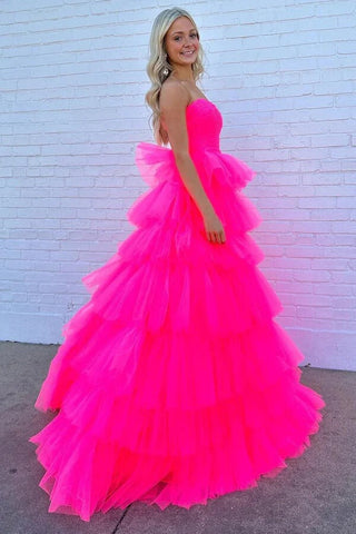 Tulle A-line Princess Strapless Tiered Long Prom Dresses