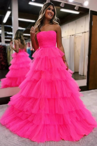 Tulle A-line Princess Strapless Tiered Long Prom Dresses