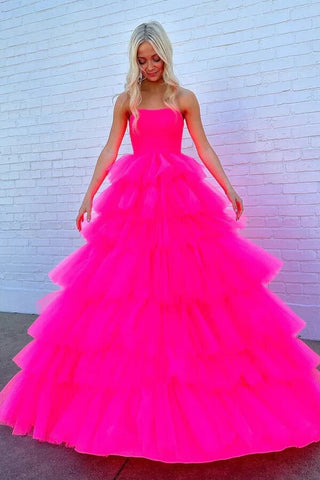Tulle A-line Princess Strapless Tiered Long Prom Dresses