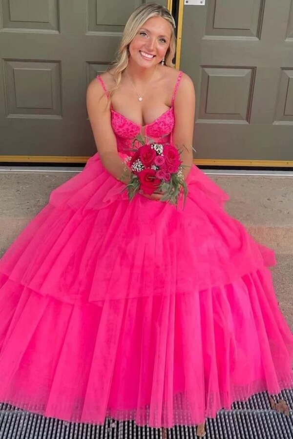 Tulle Layered Spaghetti Straps Long Prom Dresses, Evening Dress