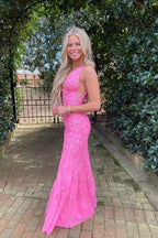 Vestidos de fiesta de sirena de tul rosa intenso con escote en V profundo y apliques de encaje
