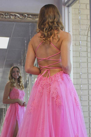 Robes de bal longues fendues en tulle, robes de soirée ornées d'appliqués de dentelle