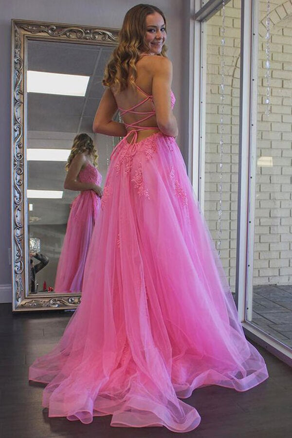 Vestidos largos de fiesta con abertura de tul, vestidos de noche con apliques de encaje