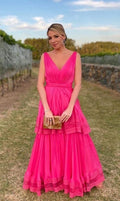 Vestidos de fiesta rosa fucsia, vestidos de noche de gasa de dos capas SYP35