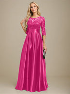 Robe de mariée longue en satin stretch dentelle et dentelle, coupe trapèze, décolleté illusion, ornée d'un nœud à sequins 