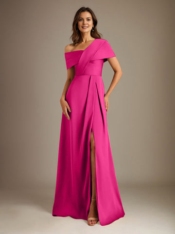 A-Line Asymmetrical Neckline Floor-Length Satin Mother of the Bride Dress With Pleated