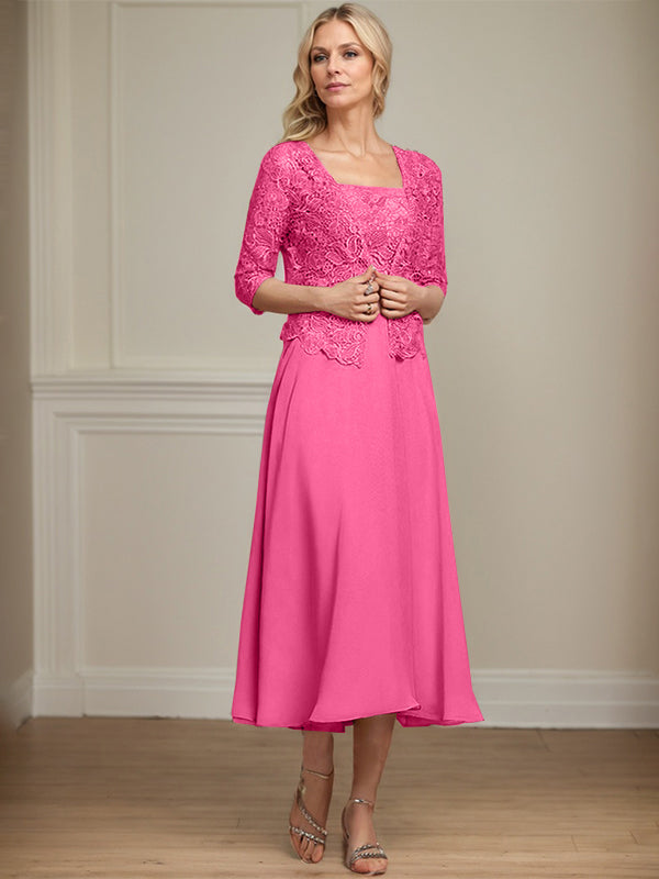 Vestido de corte A, largo midi, de gasa, encaje y lentejuelas para la madre de la novia. 