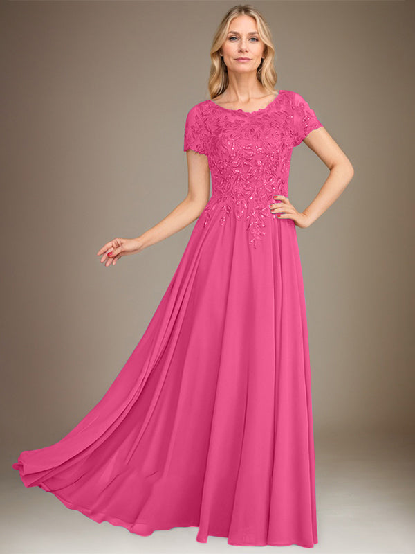 Vestido de corte A, escote redondo, largo hasta el suelo, de gasa, para la madre de la novia, con apliques y lentejuelas. 