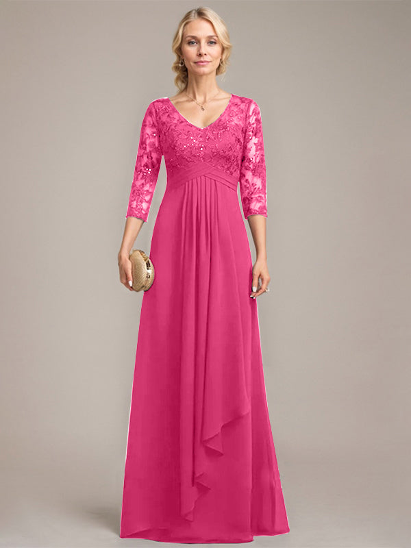 Vestido de novia de corte línea A, escote en V, largo hasta el suelo, de gasa de encaje con volantes en cascada y lentejuelas. 