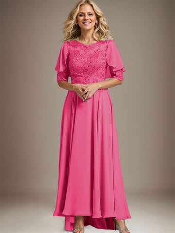 A-line Scoop Illusion Asymmetrical Chiffon Lace Mother of the Bride Dress With Beading
