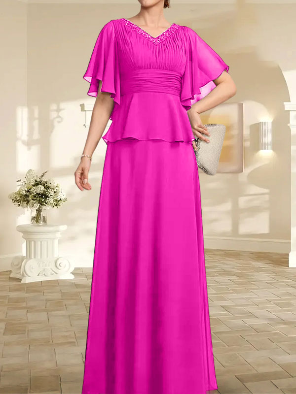 Vestido de gasa de corte A, escote en V, largo hasta el suelo, para la madre de la novia, con plisados ​​y cuentas.