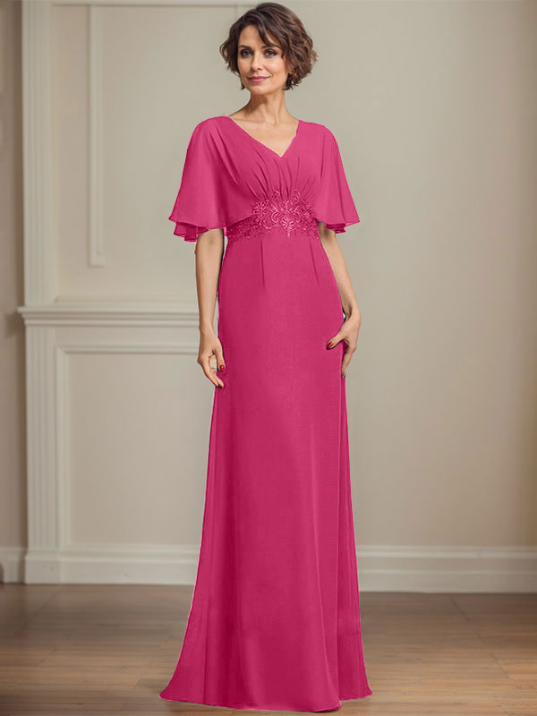 Vestido de corte A, escote en V, largo hasta el suelo, de gasa, para la madre de la novia, con apliques de lentejuelas plisadas y encaje.