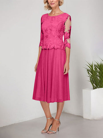 A-line Scoop Tea-Length Lace Chiffon Mother of the Bride Dress With Embroidery