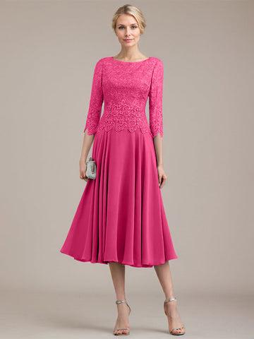 A-line Scoop Tea-Length Lace Chiffon Mother of the Bride Dress
