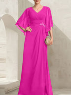 Vestido de corte recto/columna, escote en V, largo hasta el suelo, de gasa, para la madre de la novia, con lentejuelas plisadas y pedrería.