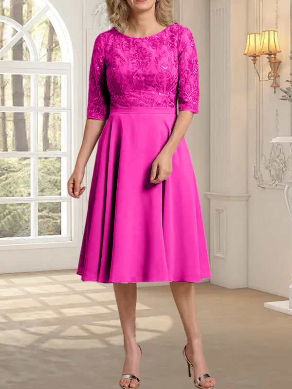 Vestido de novia de gasa de encaje, corte en A, escote redondo y largo hasta la rodilla.