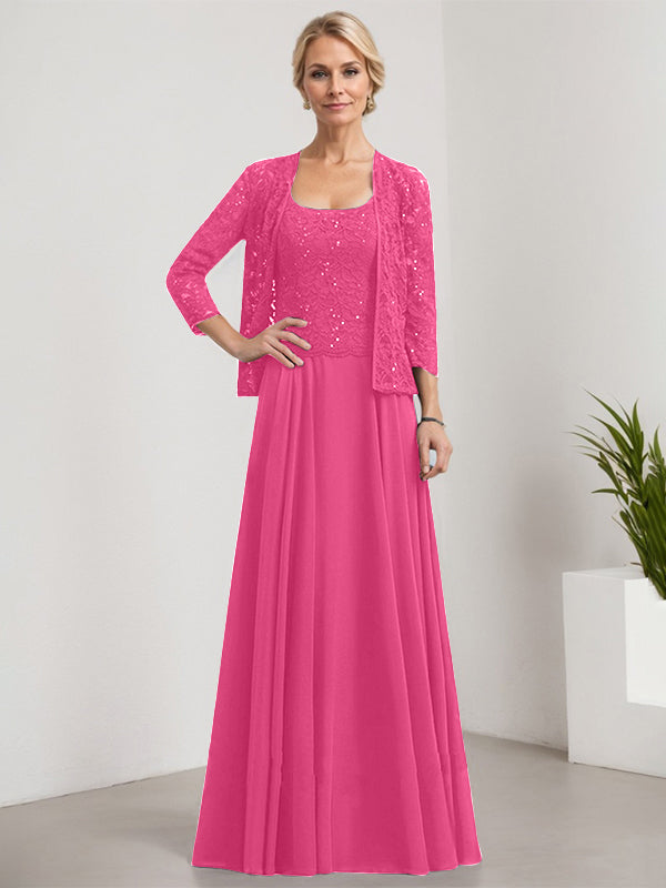 Vestido de corte A, cuadrado, largo hasta el suelo, de encaje y gasa con lentejuelas para la madre de la novia 