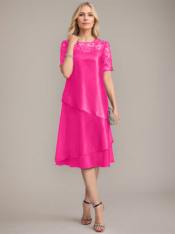 Vestido de corte A, escote redondo, largo hasta la rodilla, para la madre de la novia, con apliques y lentejuelas. 