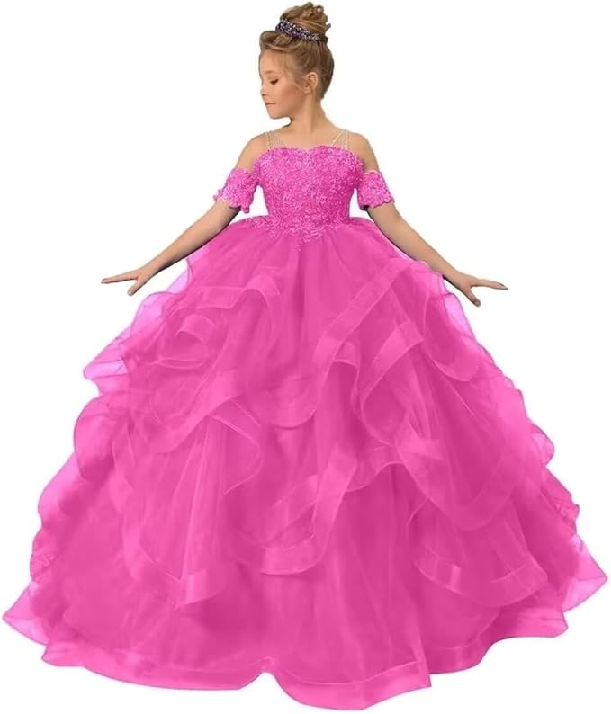 Vestido de niña de las flores con hombros descubiertos para boda, vestido de princesa con cuentas para concurso de belleza 